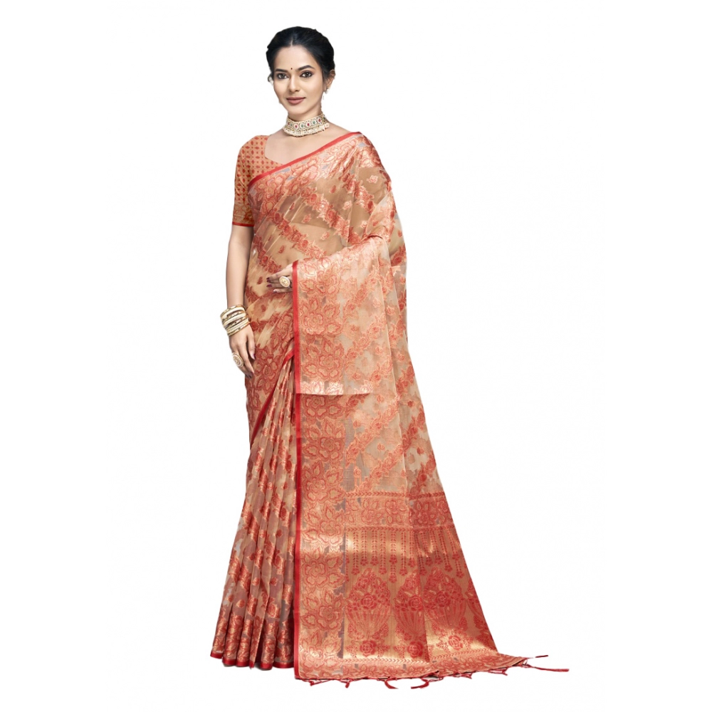 Generic Women's Organza Woven Design Saree With Unstitched Blouse 5.5Mtr (Orange)