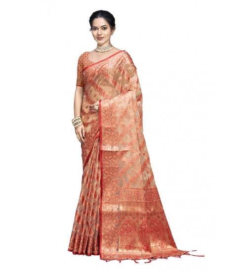 Generic Women's Organza Woven Design Saree With Unstitched Blouse 5.5Mtr (Orange)