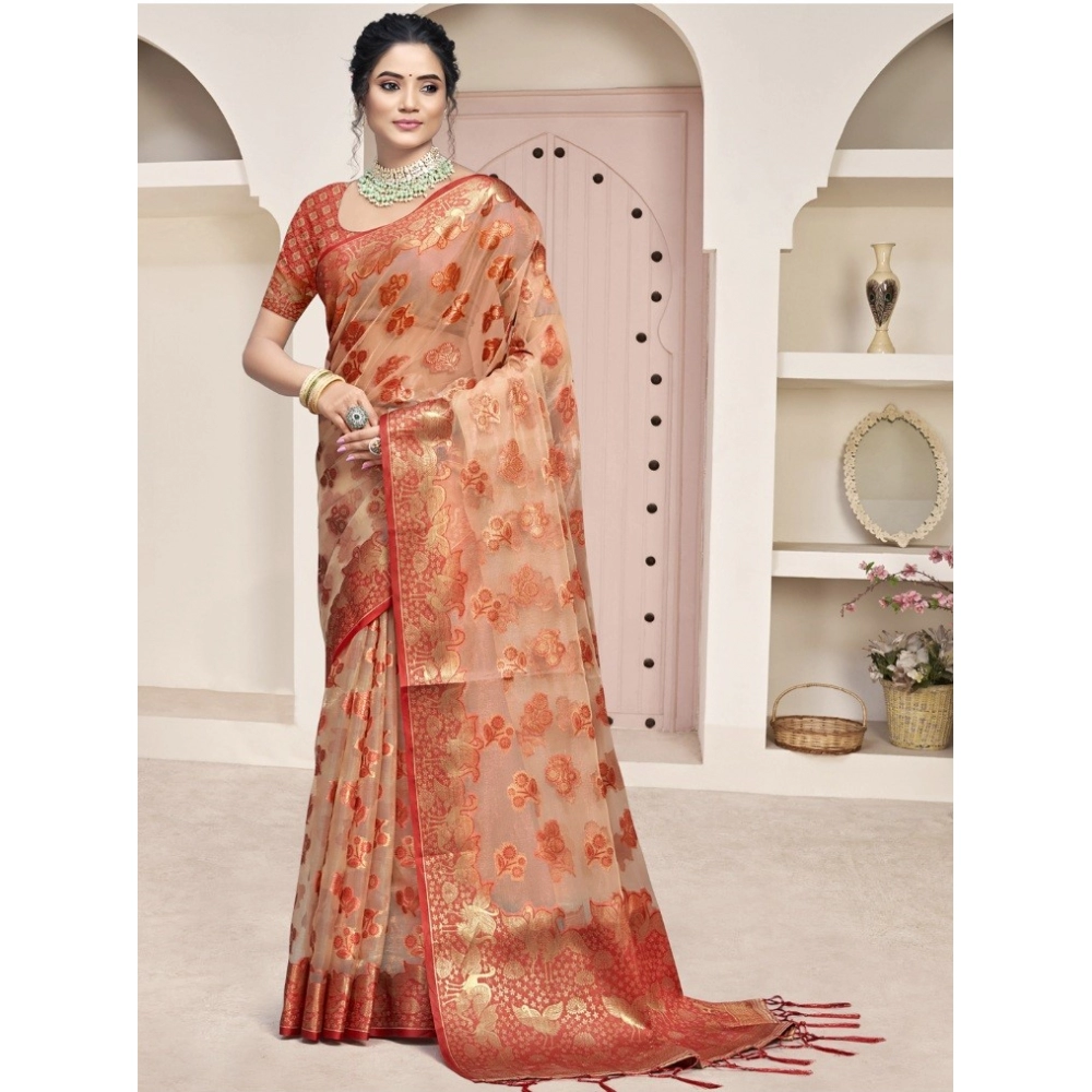 Generic Women's Organza Woven Design Saree With Unstitched Blouse 5.5Mtr (Orange)