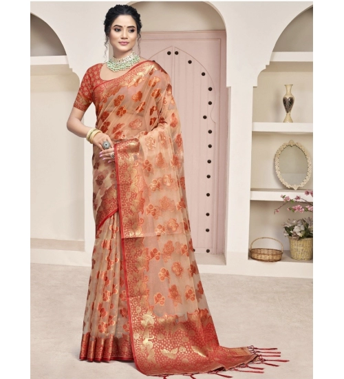 Generic Women's Organza Woven Design Saree With Unstitched Blouse 5.5Mtr (Orange)