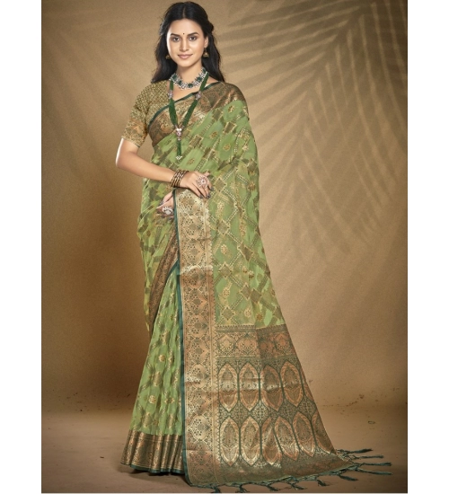 Generic Women's Organza Woven Design Saree With Unstitched Blouse 5.5Mtr (Green)
