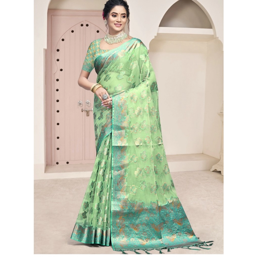 Generic Women's Organza Woven Design Saree With Unstitched Blouse 5.5Mtr (Green)