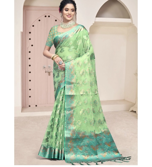 Generic Women's Organza Woven Design Saree With Unstitched Blouse 5.5Mtr (Green)