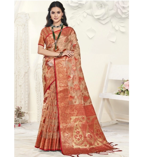 Generic Women's Organza Woven Design Saree With Unstitched Blouse 5.5Mtr (Brown)