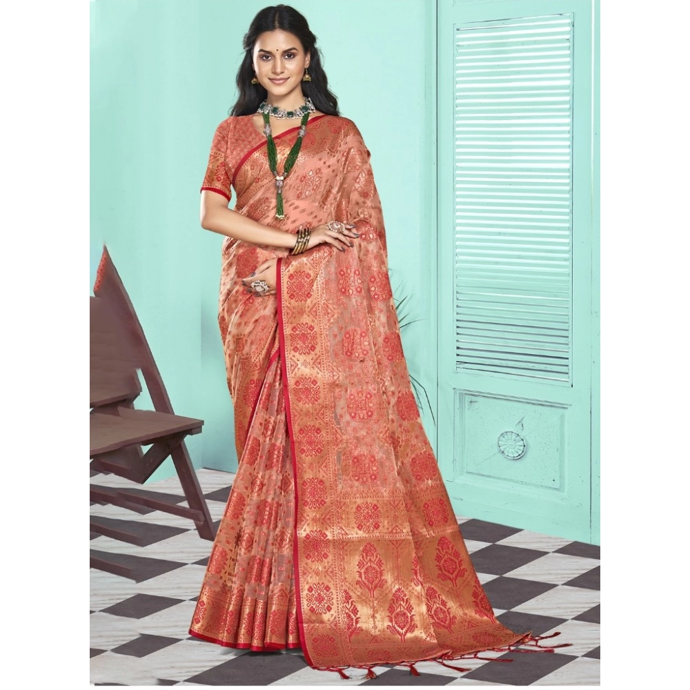 Generic Women's Organza Woven Design Saree With Unstitched Blouse 5.5Mtr (Peach) Generic Women's Organza Woven Design Saree With Unstitched Blouse 5.5Mtr (Peach)