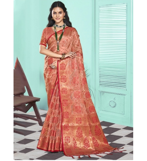 Generic Women's Organza Woven Design Saree With Unstitched Blouse 5.5Mtr (Peach)
