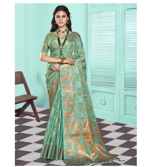 Generic Women's Organza Woven Design Saree With Unstitched Blouse 5.5Mtr (Green)