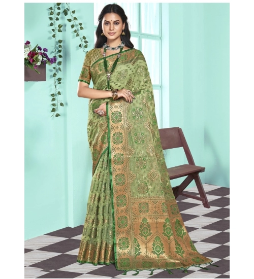 Generic Women's Organza Woven Design Saree With Unstitched Blouse 5.5Mtr (Green)