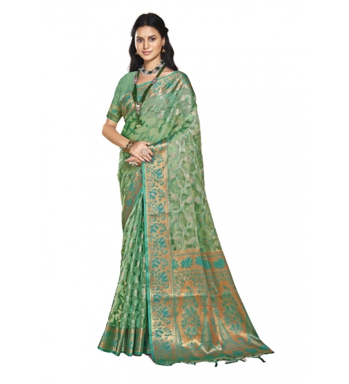 Generic Women's Organza Woven Design Saree With Unstitched Blouse 5.5Mtr (Green)