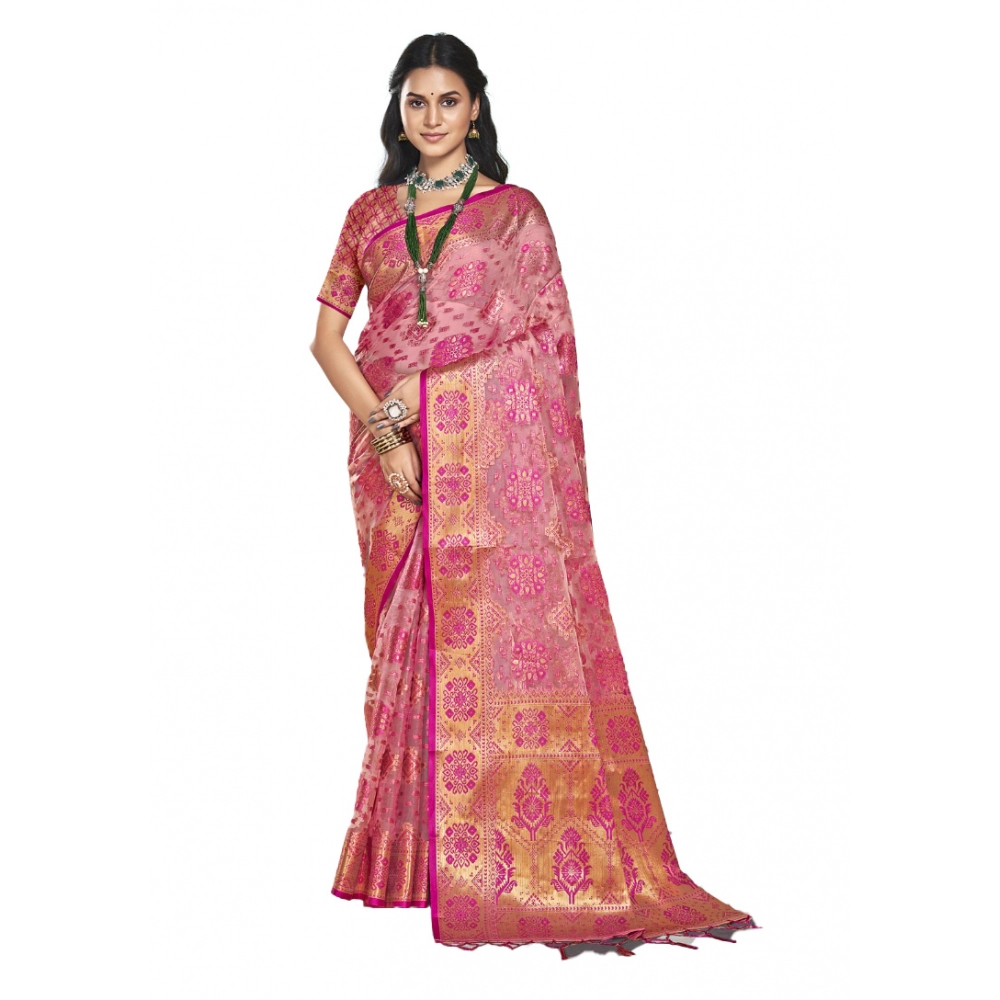 Generic Women's Organza Woven Design Saree With Unstitched Blouse 5.5Mtr (Pink)