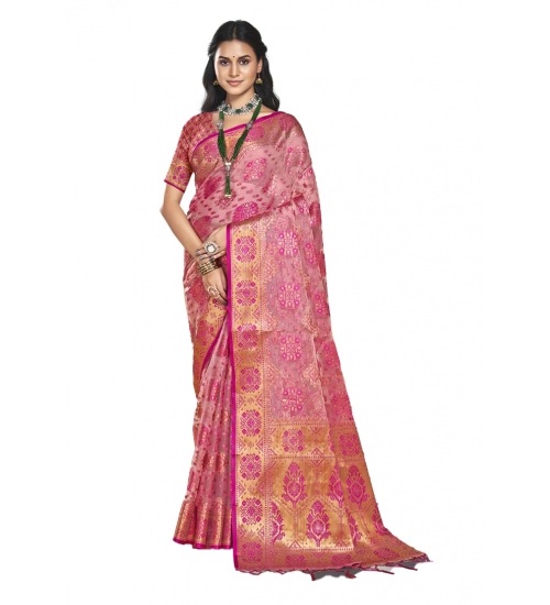 Generic Women's Organza Woven Design Saree With Unstitched Blouse 5.5Mtr (Pink)