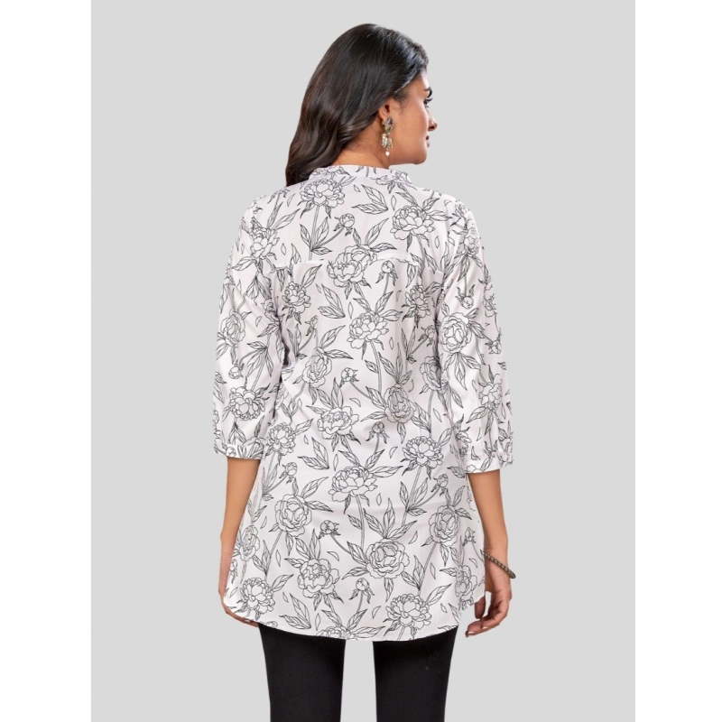 Women's Poly Crepe Chinese Collar 3/4 Sleeves Short Top (Black-White)