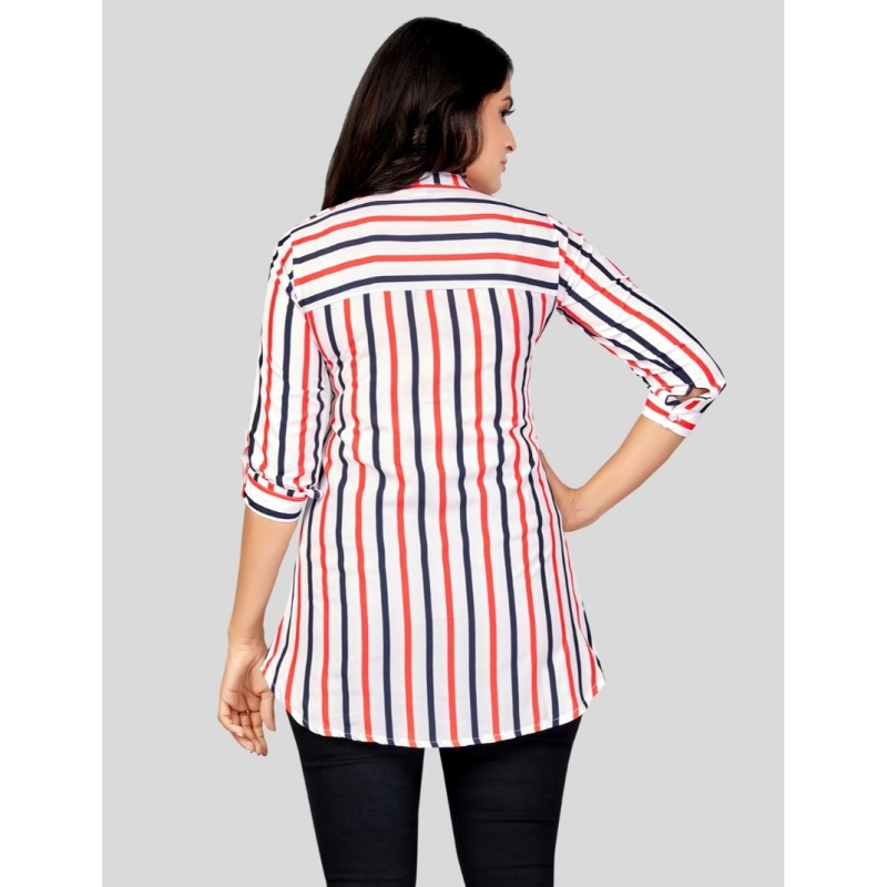 Women's Poly Crepe Mandarin Collar 3/4 Sleeves Short Top (White)