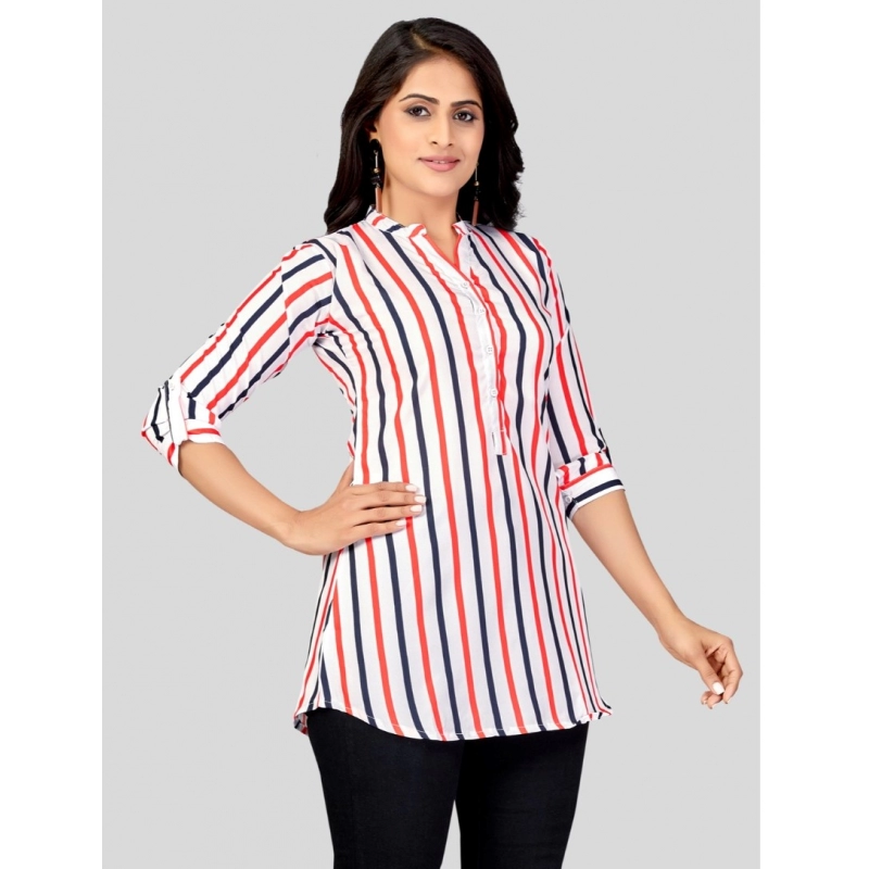 Women's Poly Crepe Mandarin Collar 3/4 Sleeves Short Top (White)