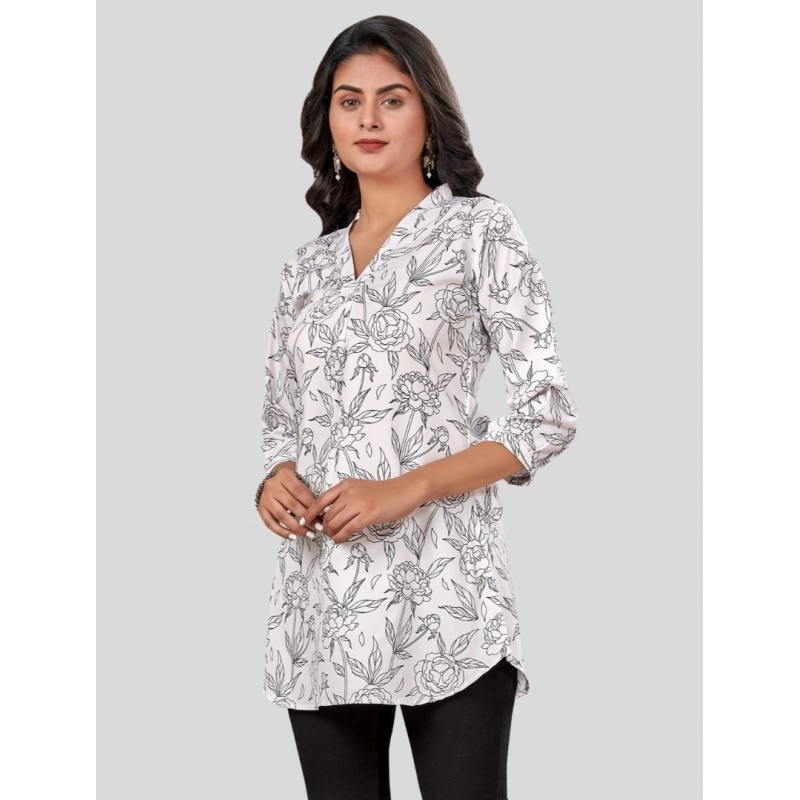 Women's Poly Crepe Chinese Collar 3/4 Sleeves Short Top (Black-White)