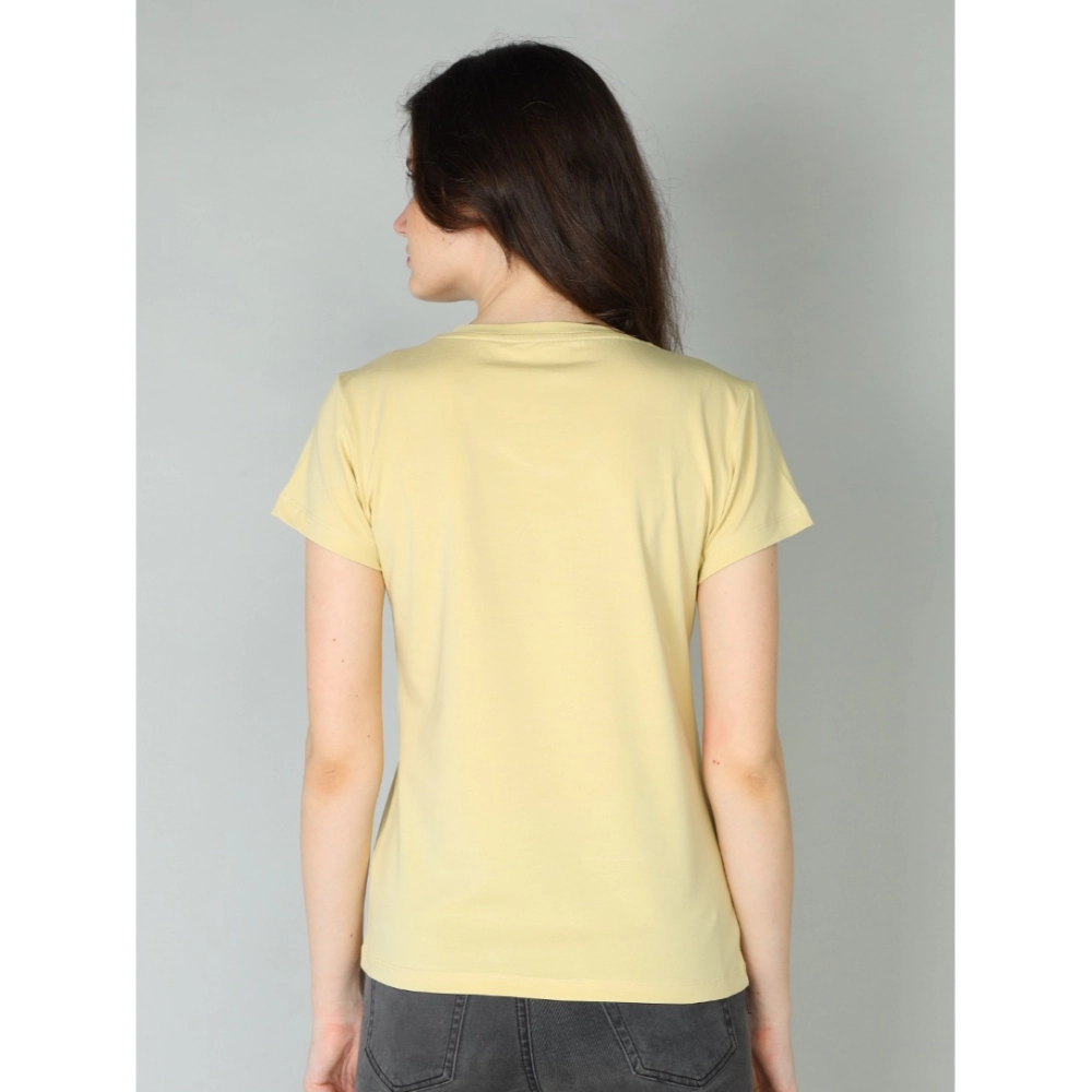 Generic Women's Cotton Blended Solid Sweetheart Half Sleeve T-Shirt (Beige)