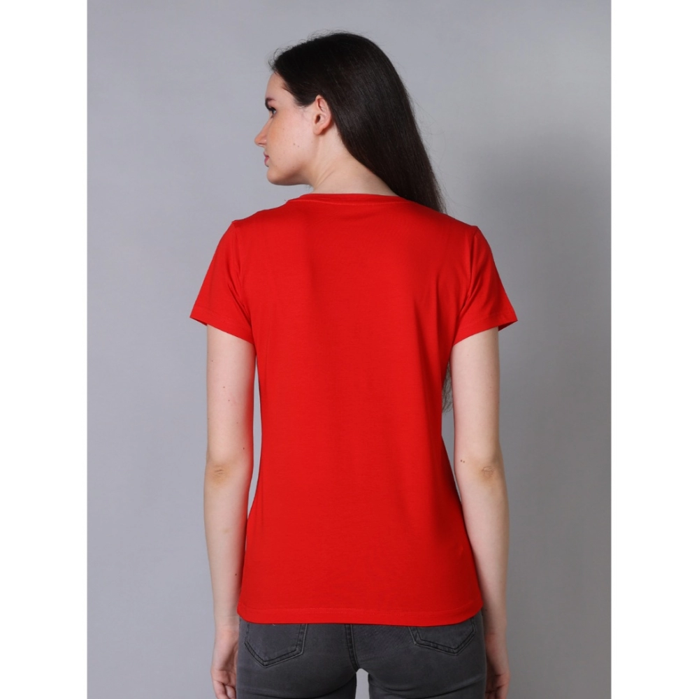 Generic Women's Cotton Blended Solid U-Neck Half Sleeve T-Shirt (Red)