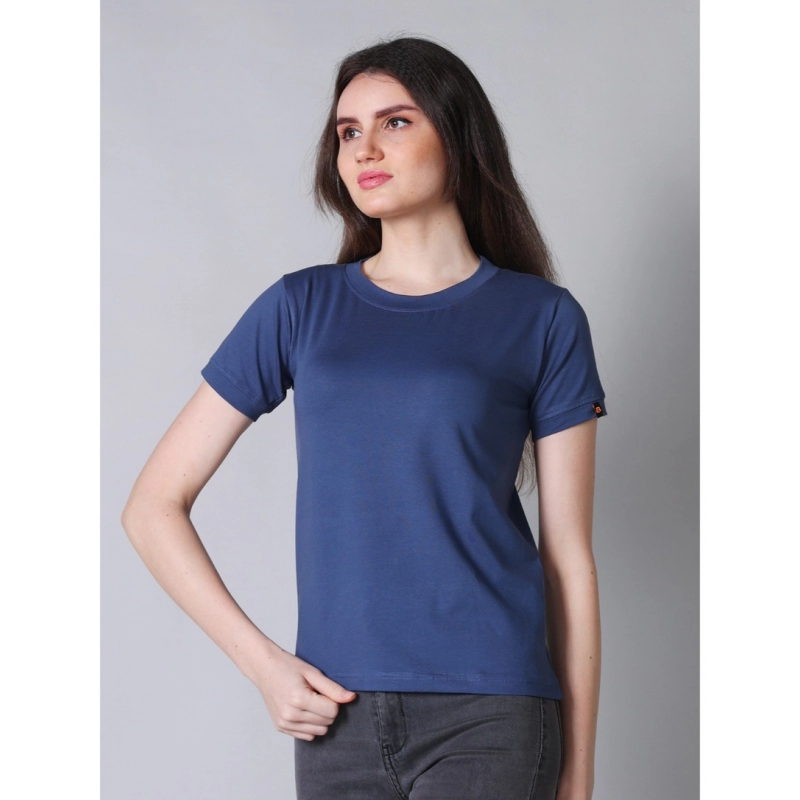 Women's Cotton Blended Solid Round Neck Half Sleeve T-Shirt (Blue)