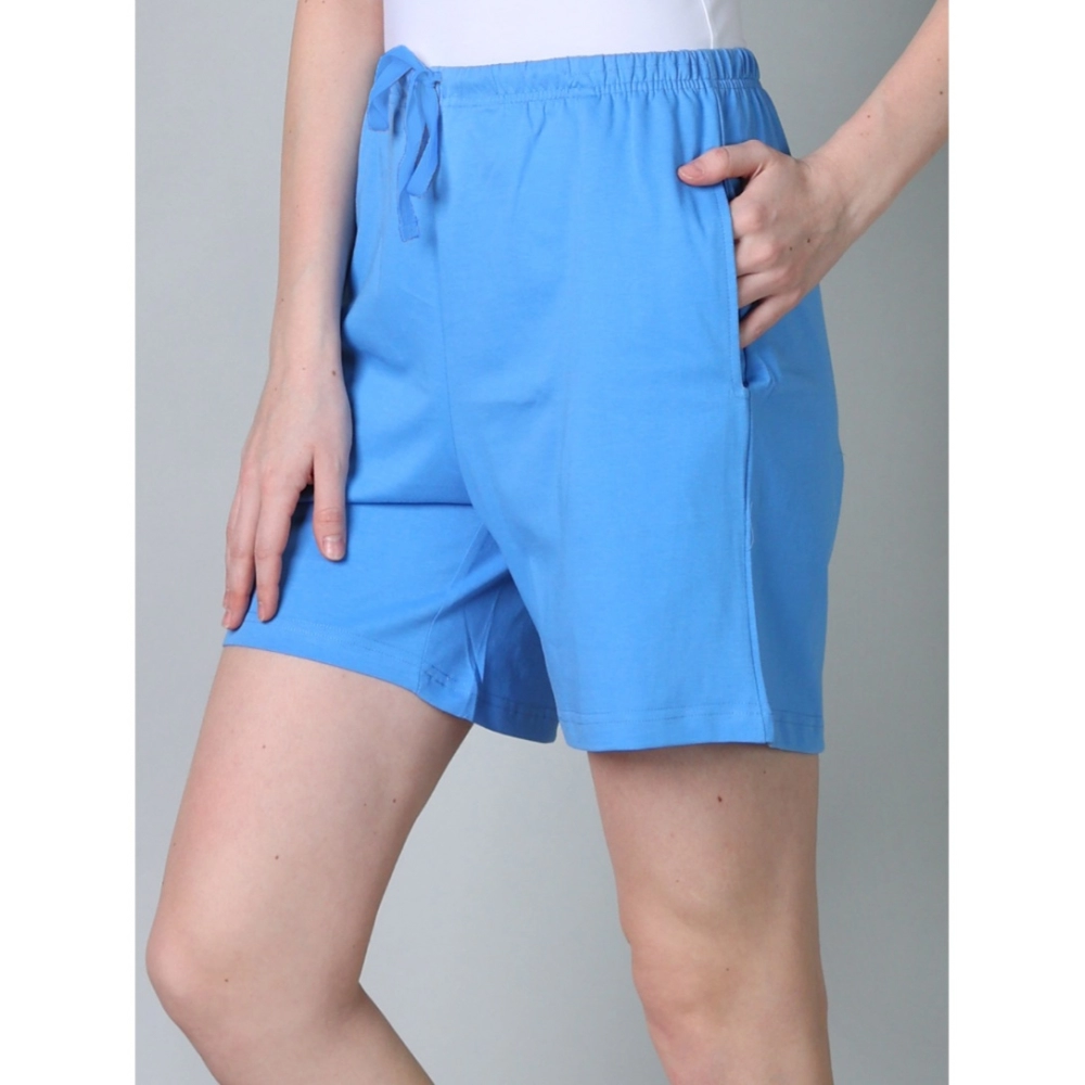 Women's Cotton Solid Above Knee Shorts (Light-Blue)