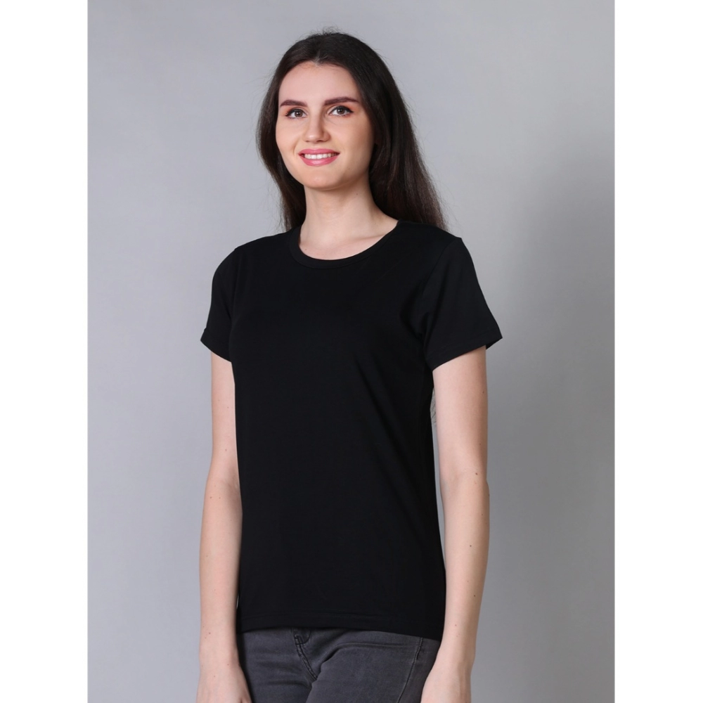 Generic Women's Cotton Blended Solid U-Neck Half Sleeve T-Shirt (Black)