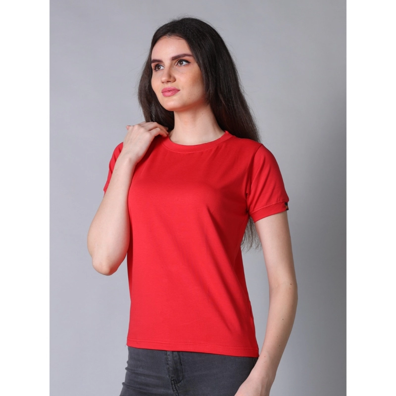 Women's Cotton Blended Solid Round Neck Half Sleeve T-Shirt (Red)