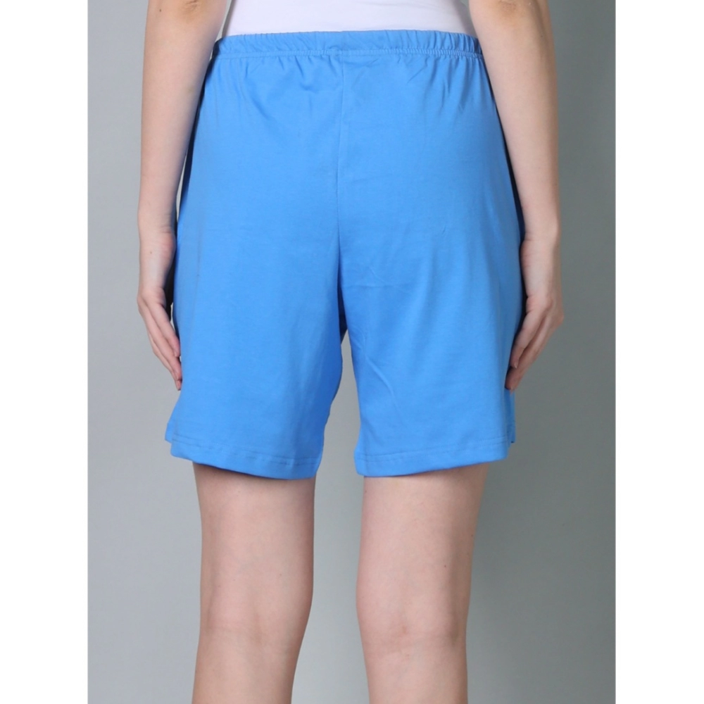 Women's Cotton Solid Above Knee Shorts (Light-Blue)