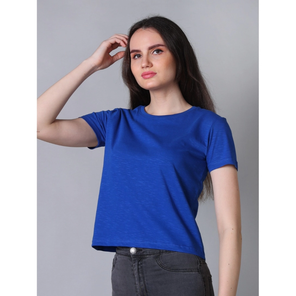 Generic Women's Cotton Solid Closure Neck Half Sleeve T-Shirt (Blue)