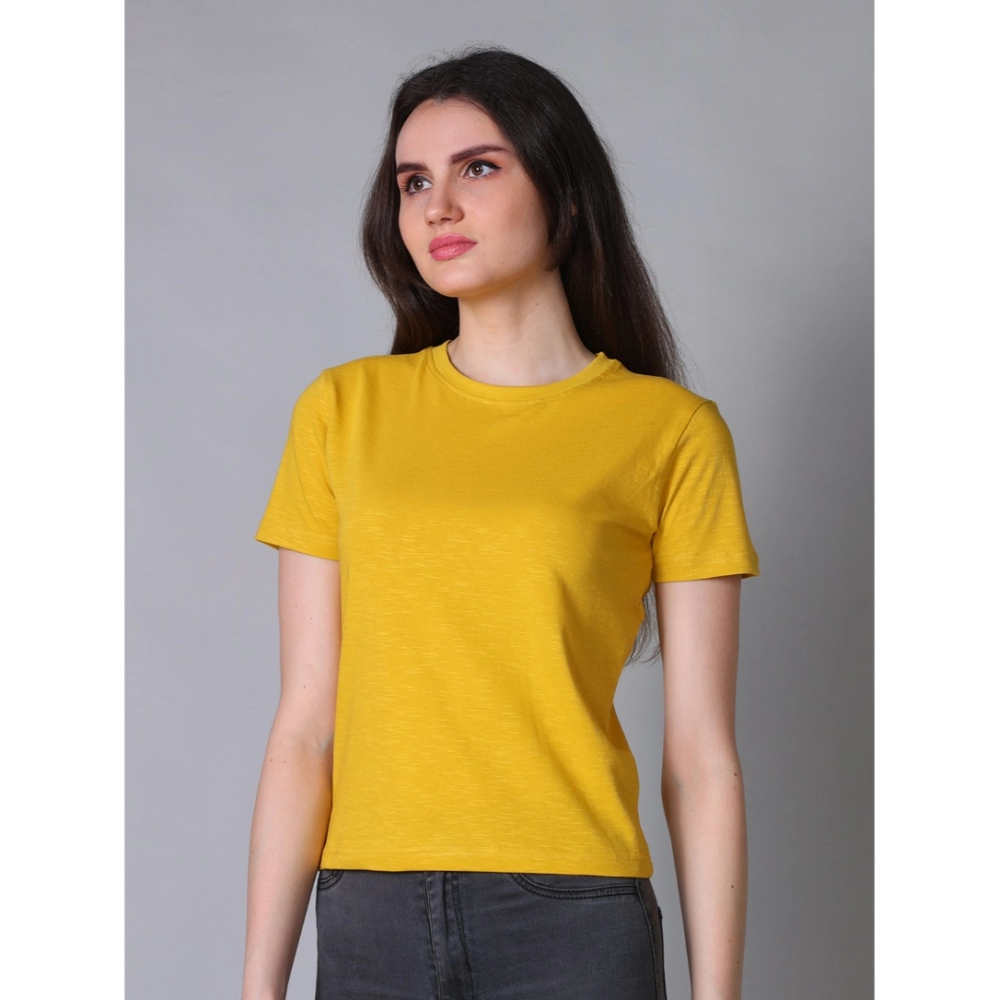Generic Women's Cotton Solid Closure Neck Half Sleeve T-Shirt (Mustard)