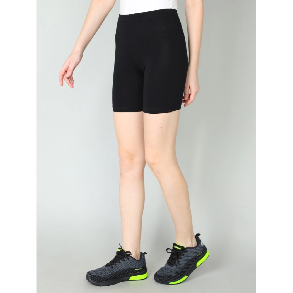 Women's Cotton Blended Solid Above Knee Sports Shorts (Black)