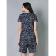 Generic Women's Cotton Blended Printed Round Neck Half Sleeve Top - Shorts Set (Navy)