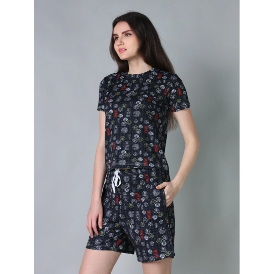 Generic Women's Cotton Blended Printed Round Neck Half Sleeve Top - Shorts Set (Black)