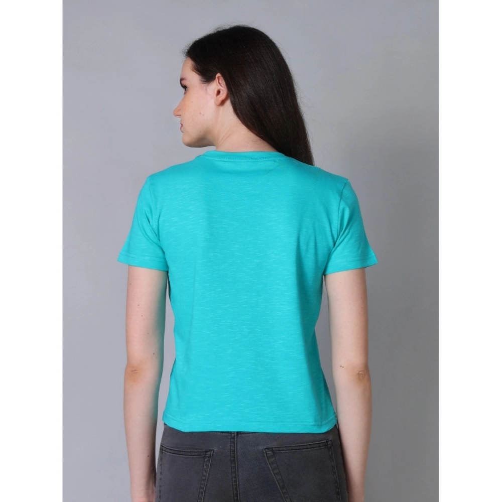 Generic Women's Cotton Solid Closure Neck Half Sleeve T-Shirt (SeaGreen)