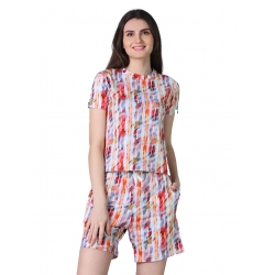 Generic Women's Cotton Blended Printed Round Neck Half Sleeve Top - Shorts Set (Red)