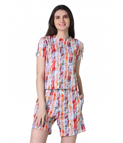 Generic Women's Cotton Blended Printed Round Neck Half Sleeve Top - Shorts Set (Red)
