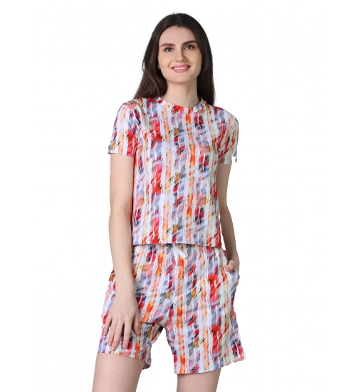 Generic Women's Cotton Blended Printed Round Neck Half Sleeve Top - Shorts Set (Red)