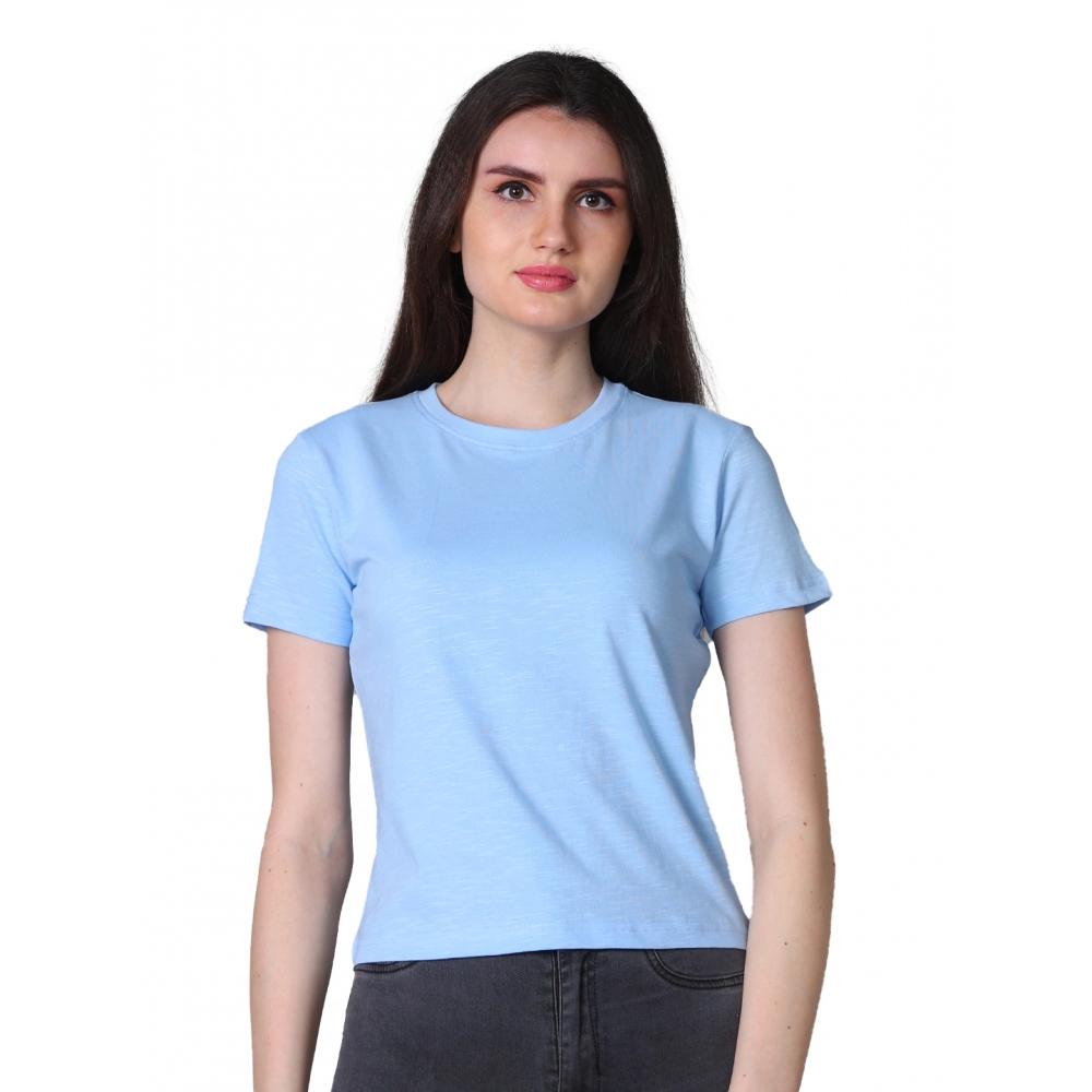 Generic Women’s Cotton Solid Closure Neck Half Sleeve T-Shirt (SkyBlue)
