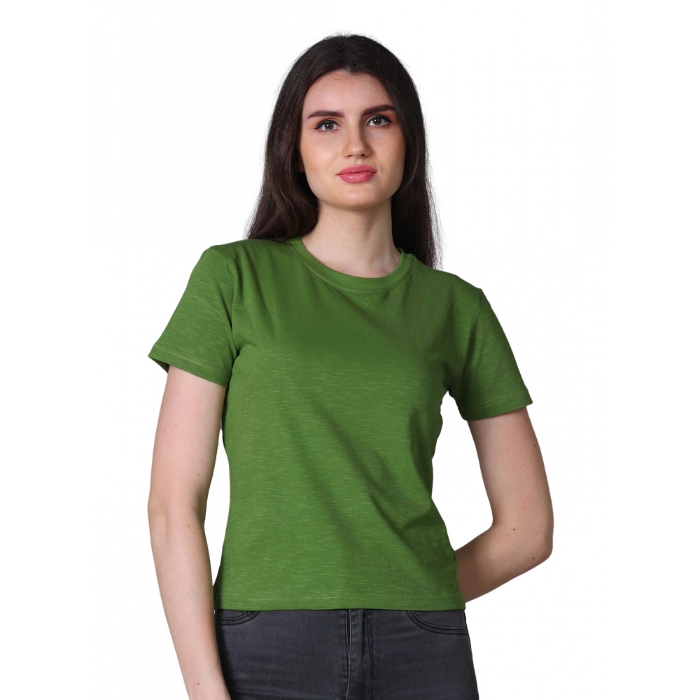 Generic Women’s Cotton Solid Closure Neck Half Sleeve T-Shirt (Green)