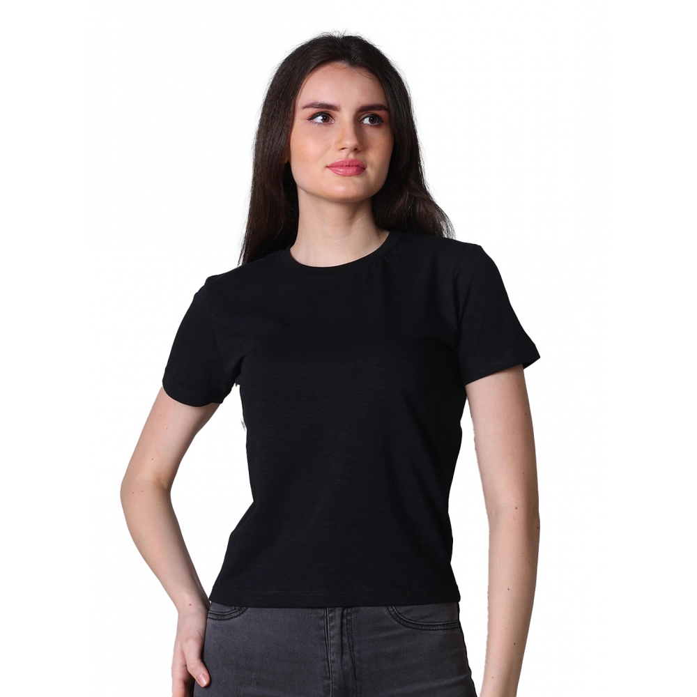 Generic Women’s Cotton Solid Closure Neck Half Sleeve T-Shirt (Black)