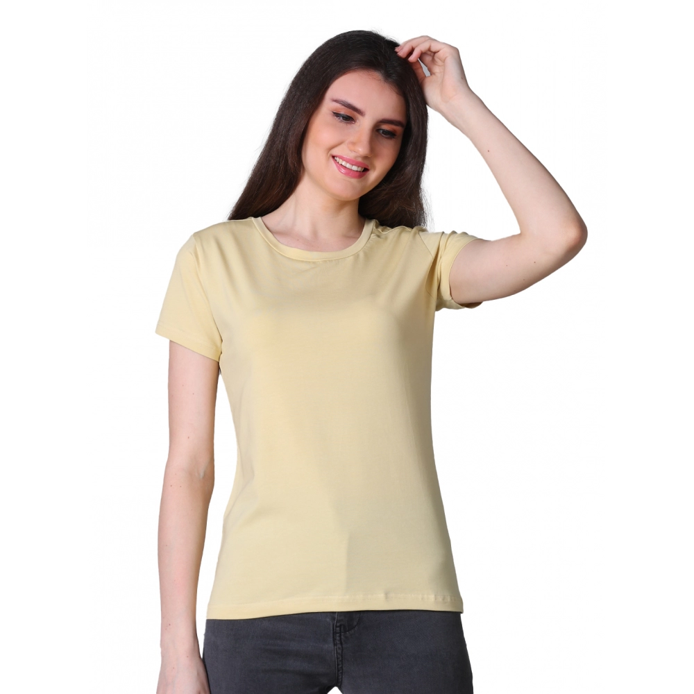 Generic Women’s Cotton Blended Solid U-Neck Half Sleeve T-Shirt (Beige)