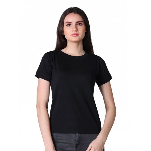Women's Cotton Blended Solid Round Neck Half Sleeve T-Shirt (Black)