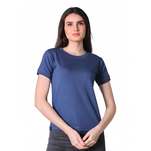Women's Cotton Blended Solid Round Neck Half Sleeve T-Shirt (Blue)