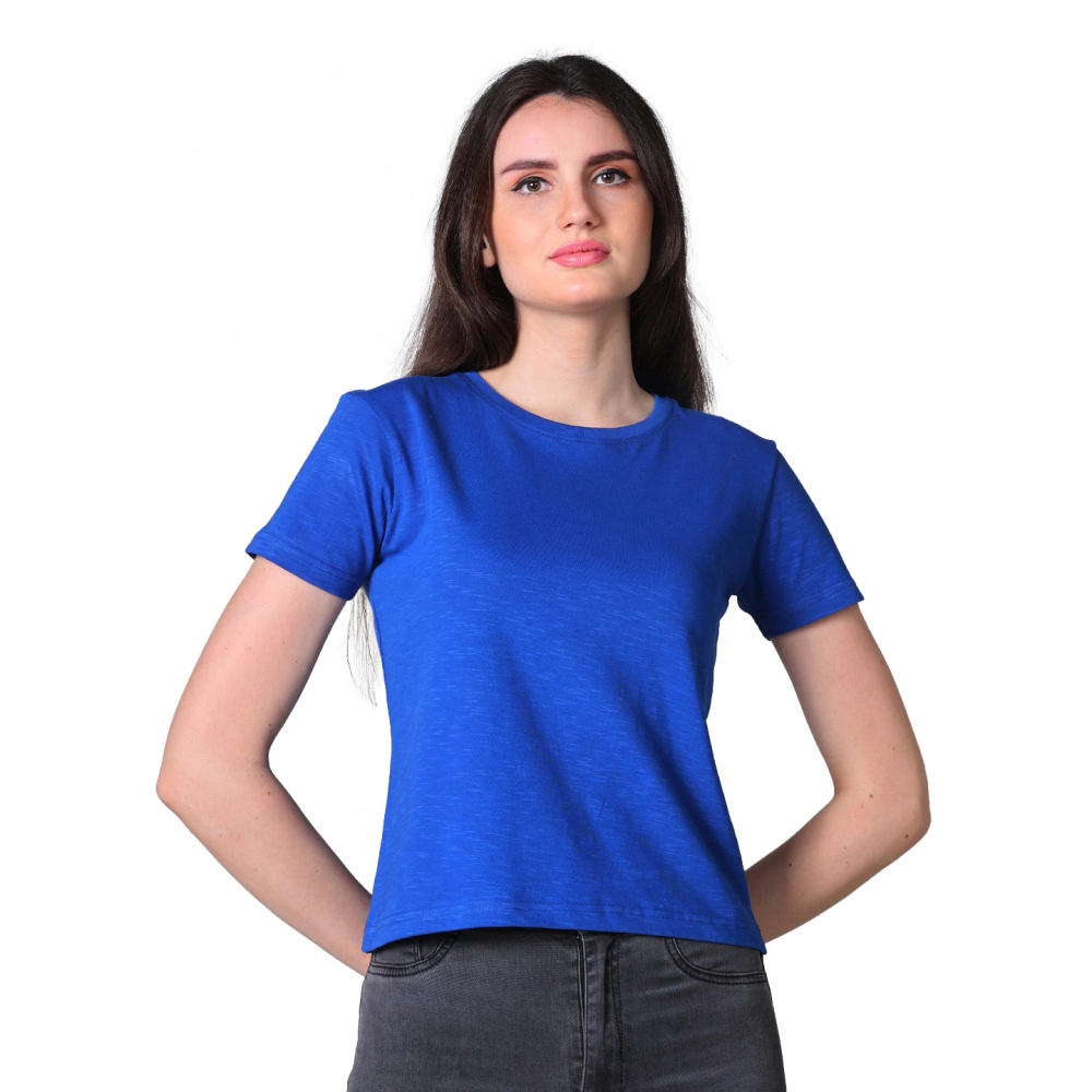 Generic Women’s Cotton Solid Closure Neck Half Sleeve T-Shirt (Blue)