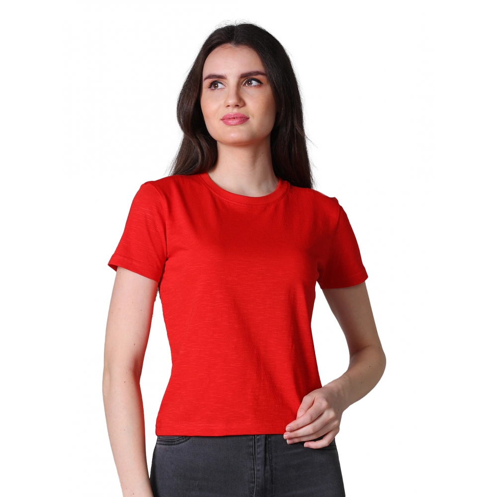 Generic Women’s Cotton Solid Closure Neck Half Sleeve T-Shirt (Red)