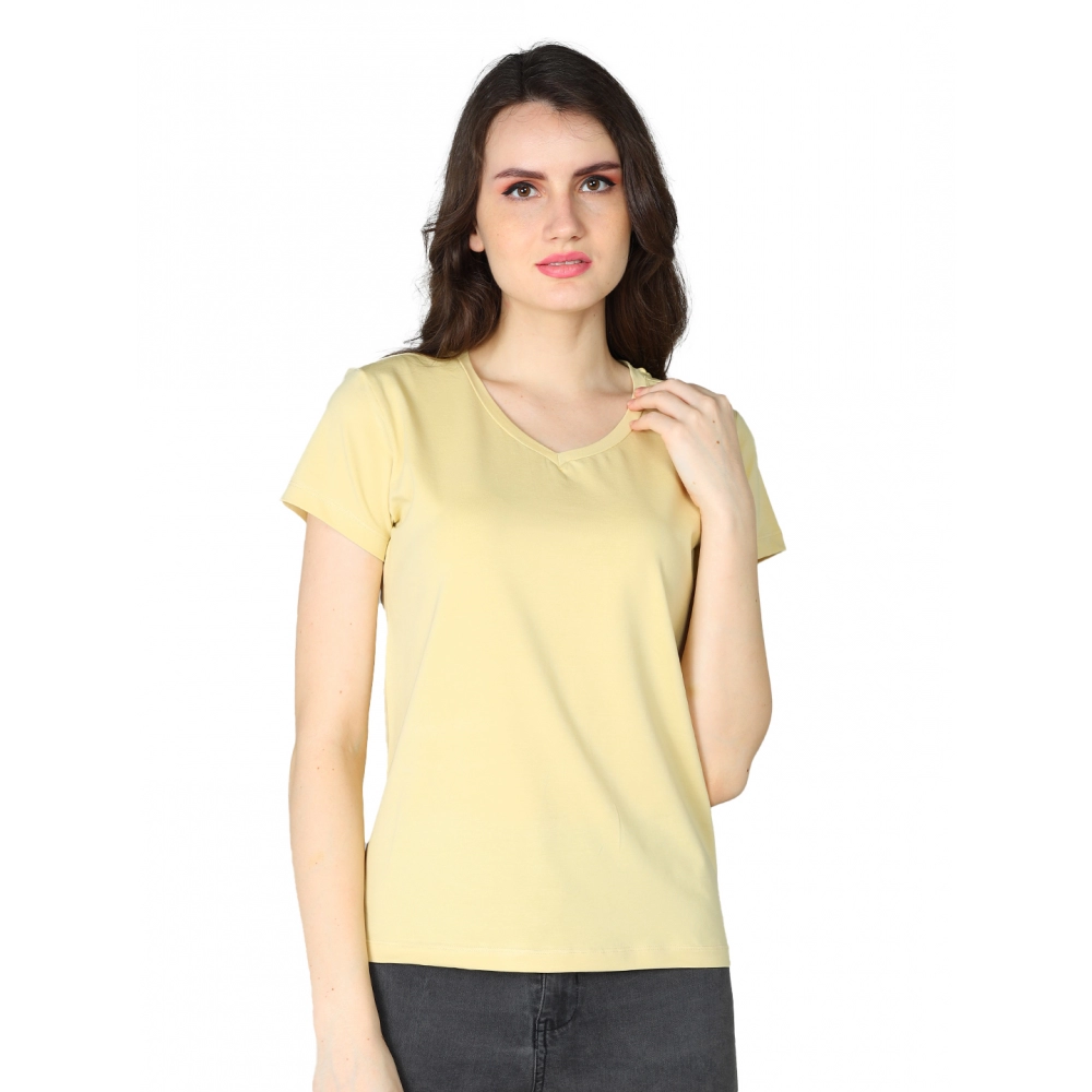 Generic Women’s Cotton Blended Solid Sweetheart Half Sleeve T-Shirt (Beige)