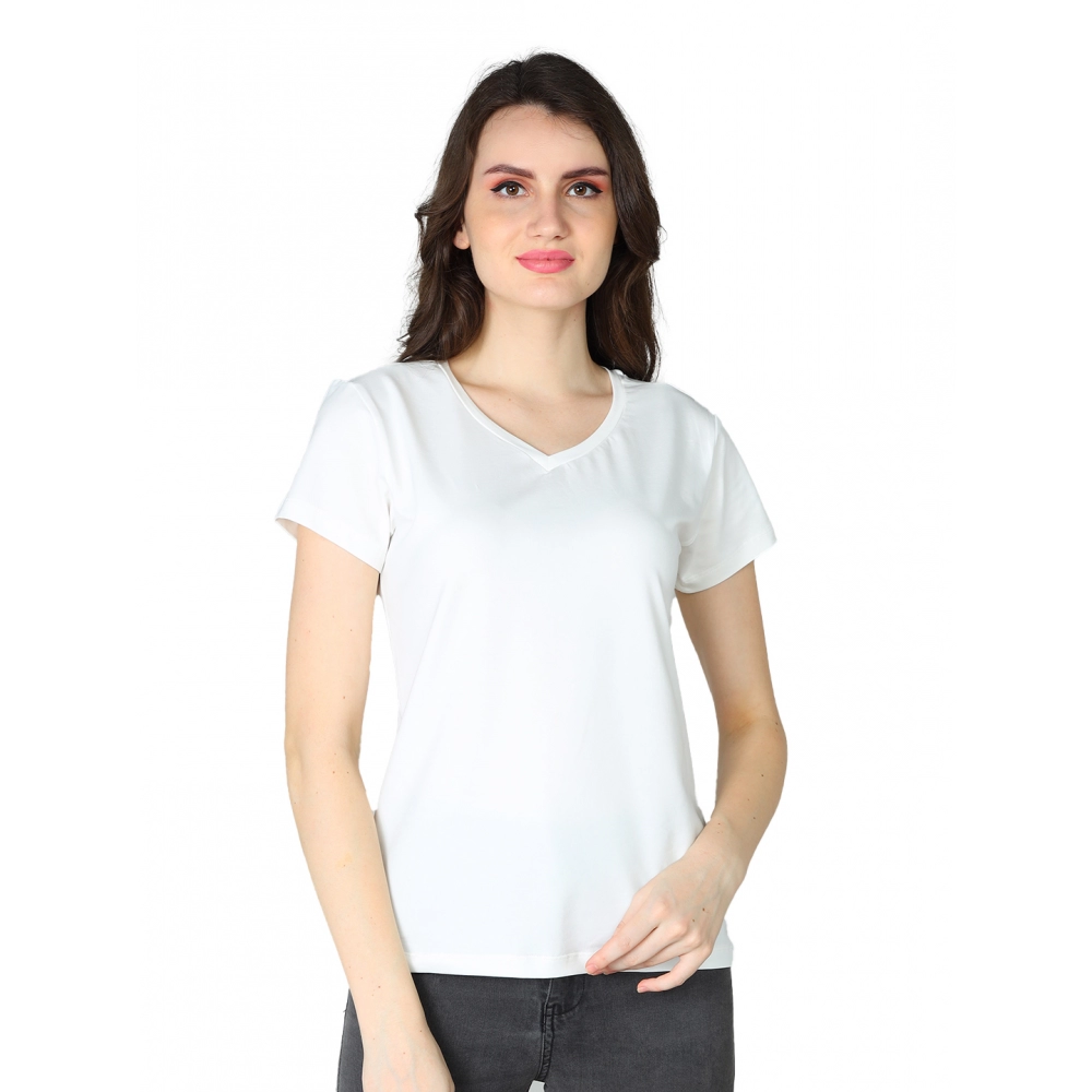 Generic Women’s Cotton Blended Solid Sweetheart Half Sleeve T-Shirt (Off_White)