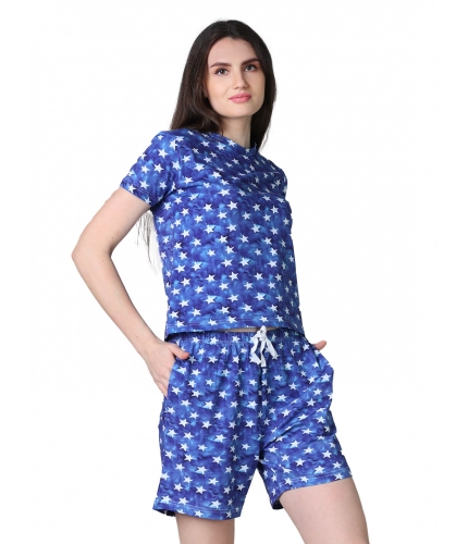 Generic Women's Cotton Blended Printed Round Neck Half Sleeve Top - Shorts Set (Blue)