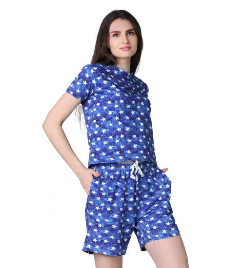 Generic Women's Cotton Blended Printed Round Neck Half Sleeve Top - Shorts Set (Blue)