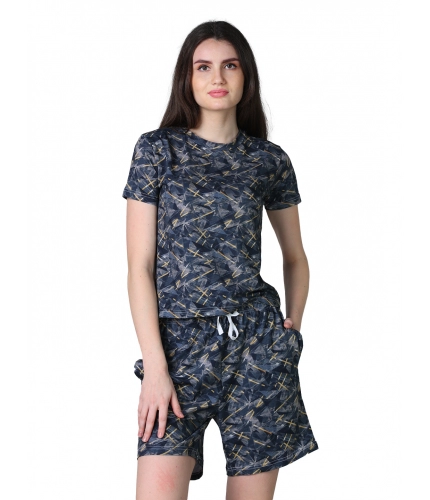Generic Women's Cotton Blended Printed Round Neck Half Sleeve Top - Shorts Set (Navy)