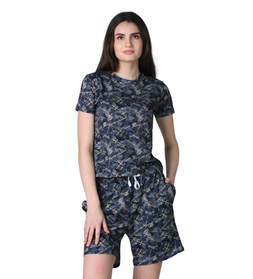 Generic Women's Cotton Blended Printed Round Neck Half Sleeve Top - Shorts Set (Navy)