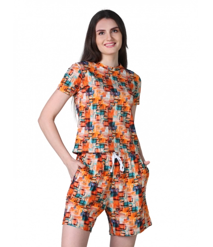 Generic Women's Cotton Blended Printed Round Neck Half Sleeve Top - Shorts Set (Orange)